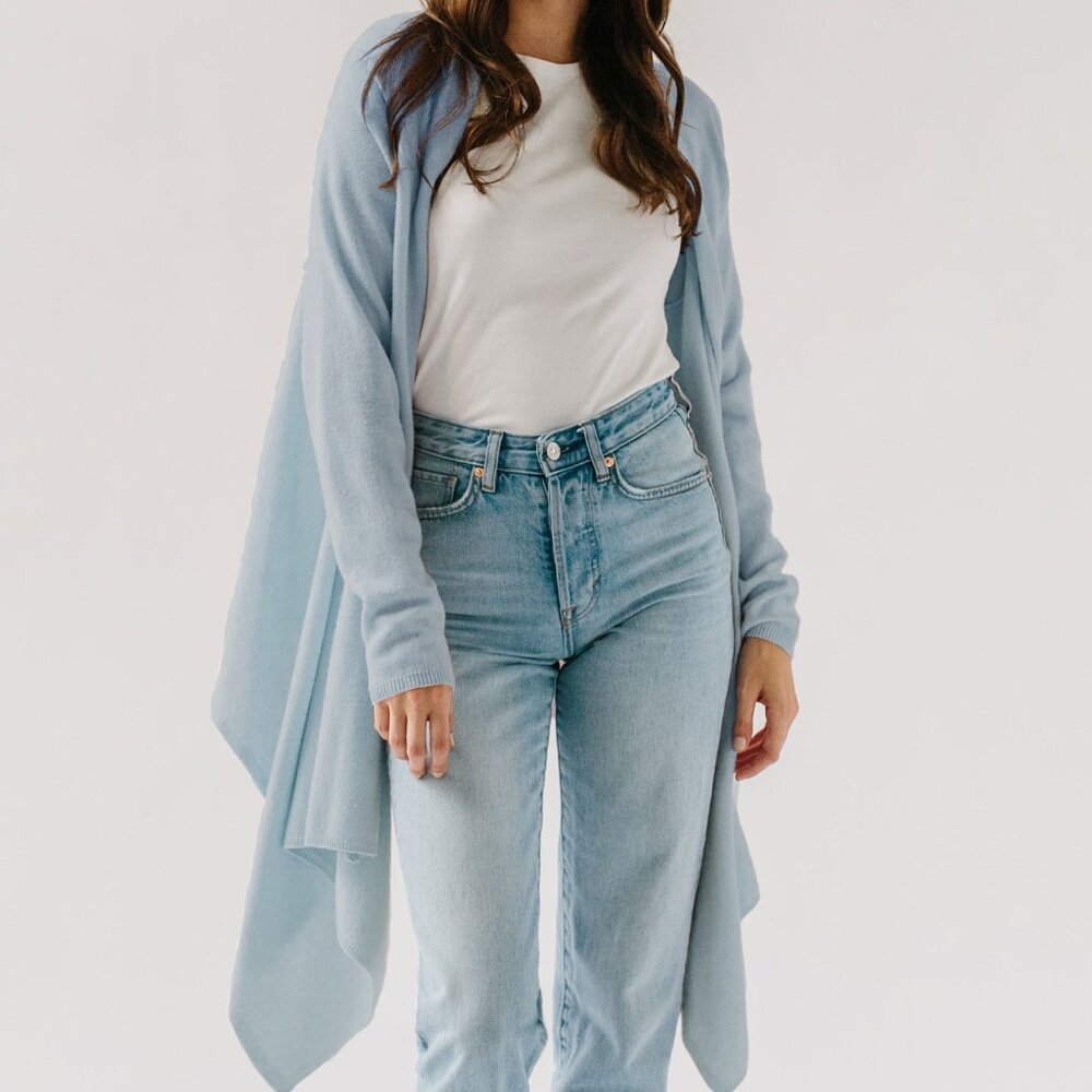 Gossamer Cashmere 100% cashmere wrap-sweater in Sky Blue, ONE SIZE NWT